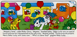 Size: 960x460 | Tagged: safe, official comic, baby lofty, baby lucky, majesty, spike (g1), dragon, earth pony, pegasus, pony, unicorn, comic:my little pony (g1), g1, official, baby, baby dragon, baby pony, balloon, birthday present, bow, colt, emanata, female, filly, foal, group, jelly jester, male, mare, present, quintet, scan, tail, tail bow, train, upscaled