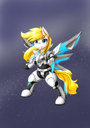 Size: 6656x9414 | Tagged: safe, artist:hponimator, oc, oc only, oc:guardian dreamer, pegasus, pony, abstract background, armor, artificial wings, augmented, bipedal, fantasy class, mechanical wing, phantasy star, phantasy star online 2, power armor, solo, space, warrior, wings