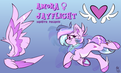 Size: 2500x1500 | Tagged: safe, artist:starcasteclipse, oc, oc only, oc:amora jayflight, pegasus, pony, colored pupils, colored wings, female, heart, heart eyes, hoof heart, mare, multicolored wings, reference sheet, underhoof, wingding eyes, wings