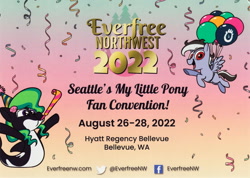 Size: 2090x1490 | Tagged: safe, oc, oc only, oc:marina (efnw), oc:sharp focus, balloon, confetti, everfree northwest, everfree northwest 2022, gradient background, hat, party hat, party horn, san diego comic con