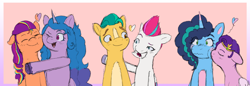 Size: 2314x800 | Tagged: safe, artist:briarlight, hitch trailblazer, izzy moonbow, misty brightdawn, pipp petals, sunny starscout, zipp storm, earth pony, pegasus, pony, unicorn, g5, cornrows, female, freckles, heart, hearts and hooves day, holiday, kissing, lesbian, male, mane five, mane six (g5), mane stripe sunny, mare, ship:mistypetals, ship:moonscout, ship:stormblazer, shipping, stallion, straight, valentine's day