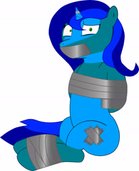 Size: 5263x6497 | Tagged: safe, artist:cardshark777, oc, oc only, oc:amberlue, pony, unicorn, arm behind back, bondage, covered cutie mark, digital art, duct tape, female, gag, helpless, hooves behind back, horn, horn ring, kidnapped, looking at you, mare, ring, simple background, solo, tail, tape, tape bondage, tape gag, two toned coat, two toned mane, two toned tail, white background