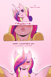 Size: 960x1440 | Tagged: safe, artist:cold-blooded-twilight, princess cadance, alicorn, pony, g4, bedroom eyes, blushing, comic, dialogue, drool, drool string, eye clipping through hair, eyebrows, eyebrows visible through hair, female, holiday, hoof shoes, kissing, lidded eyes, looking at you, mare, offscreen character, open mouth, open smile, peytral, pov, princess cadance is always horny, princess of love, seductive, seductive look, sexy, smiling, smiling at you, stupid sexy princess cadance, tongue out, valentine's day