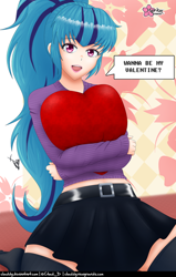 Size: 634x1000 | Tagged: safe, alternate version, artist:clouddg, sonata dusk, human, equestria girls, g4, bronybait, close-up, clothes, heart, heart pillow, holiday, hug, human coloration, kneeling, open mouth, open smile, pillow, pillow hug, skirt, smiling, socks, speech bubble, talking to viewer, thigh highs, valentine's day, zettai ryouiki