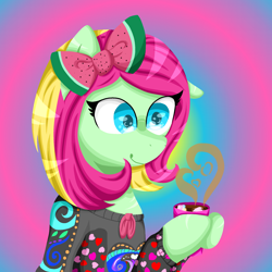 Size: 2022x2022 | Tagged: safe, artist:lindasaurie, oc, oc only, oc:strawi dinosaur, earth pony, pony, bow, bust, chocolate, clothes, cup, earth pony oc, food, hair bow, high res, holiday, hot chocolate, lineless, smiling, solo, sweater, valentine's day
