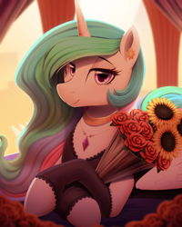 Size: 2400x3000 | Tagged: safe, artist:thebatfang, princess celestia, alicorn, pony, g4, backlighting, bed, blurry background, bouquet, bouquet of flowers, clothes, crossed hooves, cute, cutelestia, dress, ear piercing, earring, female, flower, high res, jewelry, looking at you, lying down, lying on bed, mare, necklace, on bed, piercing, rose, smiling, solo, sunflower