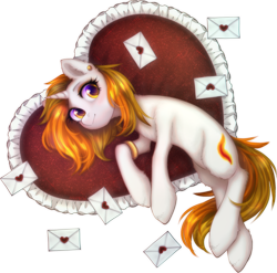 Size: 2005x1977 | Tagged: safe, artist:avrameow, oc, oc only, oc:aurora shinespark, pony, unicorn, commission, cute, ear fluff, ear piercing, earring, eyeshadow, female, heart, heart pillow, horn, jewelry, letter, looking at you, lying down, makeup, mare, piercing, pillow, simple background, solo, transparent background, unicorn oc, ych result