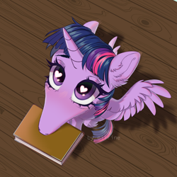 Size: 1200x1200 | Tagged: safe, artist:eiirine, twilight sparkle, alicorn, pony, g4, big eyes, blushing, book, cute, didn't i do it for you, ear fluff, heart, heart eyes, hoers, looking at you, meme, mouth hold, ponified meme, solo, spread wings, twiabetes, twilight sparkle (alicorn), wingding eyes, wings