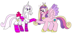 Size: 3196x1481 | Tagged: safe, artist:supahdonarudo, fleur-de-lis, princess cadance, alicorn, pony, unicorn, series:fleurbuary, g4, blushing, bow, clothes, emanata, holding hooves, holiday, open mouth, open smile, saddle, shocked, simple background, smiling, socks, spread wings, striped socks, tack, transparent background, valentine's day, wings
