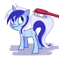 Size: 320x315 | Tagged: safe, artist:shiro, minuette, pony, unicorn, g4, brushie, brushing, looking at you, simple background, smiling, smiling at you, solo, tiny, tiny ponies, toothbrush, white background