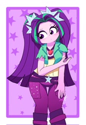 Size: 1402x2048 | Tagged: safe, artist:leo19969525, aria blaze, human, equestria girls, g4, ariabetes, clothes, cute, female, gem, hair, pants, pigtails, purple eyes, siren gem, solo, twintails