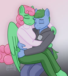 Size: 1440x1600 | Tagged: safe, artist:phallen1, oc, oc only, oc:software patch, oc:windcatcher, earth pony, pegasus, anthro, clothes, cuddling, duo, earth pony oc, eyes closed, female, glasses, hoodie, hug, male, pegasus oc, sitting on lap, straight, turtleneck, windpatch