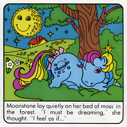 Size: 520x520 | Tagged: artist needed, safe, official comic, moonstone, pony, unicorn, g1, my little pony vol. 1, my little pony vol. 1 #16, bow, dialogue, female, mare, moonstone and the mysterious moss, scan, solo, tail, tail bow, upscaled