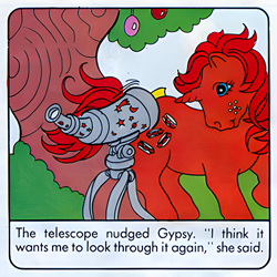 Size: 600x600 | Tagged: artist needed, safe, official comic, gypsy (g1), pony, unicorn, comic:my little pony (g1), g1, animate object, bow, dialogue, duo, emanata, female, mare, scan, tail, tail bow, telescope, upscaled