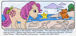 Size: 1240x590 | Tagged: artist needed, safe, official comic, peachy, twinkles, cat, earth pony, pony, starfish, comic:my little pony (g1), g1, peachy takes a holiday, bow, dialogue, emanata, female, mare, sally starfish, scan, tail, tail bow, trio, upscaled