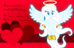 Size: 3156x2028 | Tagged: safe, artist:badumsquish, derpibooru exclusive, oc, oc only, oc:zophiel, angel, angel pony, original species, g4, bangles, bipedal, blushing, bracelet, female, floating wings, glowing, gold, halo, heart, high res, holiday, jewelry, long eyelashes, long mane, mare, open arms, show accurate, smiling, solo, spread wings, valentine, valentine's day, valentine's day card, wings