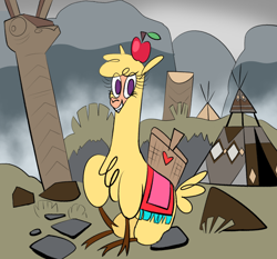 Size: 2150x2000 | Tagged: safe, artist:nonameorous, paprika (tfh), alpaca, them's fightin' herds, apple, basket, cloven hooves, community related, fog, food, grass, high res, mountain, purple eyes, solo, statue, stone, tent