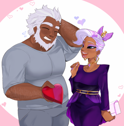 Size: 1829x1869 | Tagged: safe, artist:aztrial, alphabittle blossomforth, queen haven, human, g5, arm behind head, body hair, box of chocolates, crown, dark skin, duo, duo male and female, eyes closed, female, heart, height difference, holiday, human queen haven, humanized, jewelry, male, moderate dark skin, open mouth, open smile, regalia, ship:alphahaven, shipping, smiling, straight, valentine's day