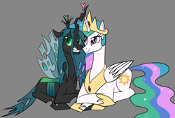 Size: 3100x2100 | Tagged: safe, artist:nonameorous, princess celestia, queen chrysalis, alicorn, changeling, pony, g4, a better ending for chrysalis, angry, blushing, crossed hooves, crossed horns, crown, duo, fangs, female, gray background, heart, high res, horn, horns are touching, jewelry, lesbian, looking away, princess chrysalis, princess necklestia, regalia, ship:chryslestia, shipping, simple background, sitting, smiling, teeth, what if