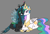 Size: 3100x2100 | Tagged: safe, artist:nonameorous, princess celestia, queen chrysalis, alicorn, changeling, pony, g4, angry, blushing, crossed hooves, crossed horns, crown, duo, fangs, female, gray background, heart, high res, horn, horns are touching, jewelry, lesbian, looking away, princess chrysalis, princess necklestia, regalia, ship:chryslestia, shipping, simple background, sitting, smiling, teeth