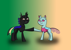 Size: 842x595 | Tagged: safe, artist:alejandrogmj, artist:wasisi, oc, oc only, oc:flower black, oc:wasisi, changedling, changeling, amogus eyes, changedling oc, changeling oc, duo, gradient background, hearts and hooves day, hoofbump, meme, missing accessory