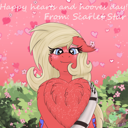 Size: 1200x1200 | Tagged: safe, artist:gray star, oc, oc only, oc:scarlet star, cyborg, earth pony, pony, butt freckles, chest fluff, cyberpunk, ear fluff, ear piercing, fangs, female, fluffy, freckles, heart, heart eyes, heart fluff, hearts and hooves day, iron front, mare, nighthaze, piercing, simple background, solo, three arrows, trans female, transgender, transgender oc, unshorn fetlocks, wingding eyes