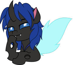 Size: 5633x5000 | Tagged: safe, artist:jhayarr23, oc, oc only, oc:swift dawn, changeling, absurd resolution, blue changeling, blue eyes, changeling oc, commission, cute, fangs, hoof on chin, horn, looking at you, simple background, smiling, smug, toothy grin, transparent background, wings, ych result