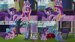 Size: 2000x1125 | Tagged: safe, edit, edited screencap, editor:quoterific, screencap, princess cadance, princess flurry heart, starlight glimmer, trixie, twilight sparkle, alicorn, pony, g4, road to friendship, chest, trixie's wagon, twilight sparkle (alicorn), wagon