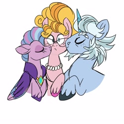 Size: 4000x4000 | Tagged: safe, artist:fizzlefer, alphabittle blossomforth, phyllis cloverleaf, queen haven, earth pony, pegasus, pony, unicorn, g5, adoraphyllis, bisexual, bisexual female, bust, cheek kiss, cute, eyes closed, female, freckles, kiss sandwich, kissing, lesbian, male, polyamory, ship:alphahavenllis, ship:alphaphyllis, ship:phylhaven, shipping, simple background, stallion, straight, white background