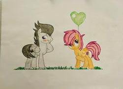 Size: 2256x1633 | Tagged: safe, artist:blackwo96777748, rumble, scootaloo, pegasus, pony, balloon, base used, blush sticker, blushing, duo, female, grass, heart, heart balloon, male, romance, rumbloo, shipping, simple background, straight, traditional art