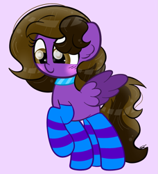 Size: 945x1035 | Tagged: safe, artist:sugarcloud12, oc, oc only, oc:hannah, pegasus, pony, clothes, female, mare, purple background, simple background, socks, solo, striped socks