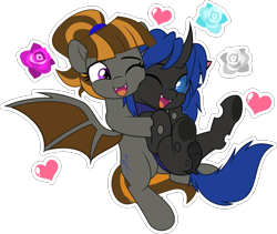 Size: 5918x5000 | Tagged: safe, artist:jhayarr23, oc, oc only, oc:mythic dawn, oc:swift dawn, bat pony, changeling, pony, :d, absurd resolution, bat pony oc, blue changeling, brother and sister, changeling oc, commission, cute, dock, duo, eyebrows, eyebrows visible through hair, eyelashes, fangs, female, flower, frog (hoof), hairband, happy, heart, hug, hug from behind, male, mare, ocbetes, one eye closed, open mouth, open smile, outline, platonic, ponytail, sibling love, siblings, simple background, smiling, spread wings, tail, toothy grin, transparent background, underhoof, white outline, wings, ych result