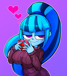 Size: 1350x1543 | Tagged: safe, artist:kyouman1010, sonata dusk, human, equestria girls, g4, bedroom eyes, big breasts, breasts, busty sonata dusk, chocolate, clothes, food, gradient background, heart, holiday, huge breasts, lidded eyes, smiling, solo, sweater, sweater puppies, valentine's day