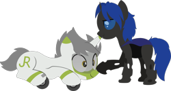 Size: 7404x3981 | Tagged: safe, artist:ponyrailartist, oc, oc:greenline, oc:swift dawn, changeling, object pony, original species, pony, train pony, unicorn, absurd resolution, blue changeling, blue eyes, boop, changeling oc, commission, duo, fangs, happy, horn, lying down, male, ponified, prone, silly, simple background, smiling, train, transparent background, wingless, yellow eyes