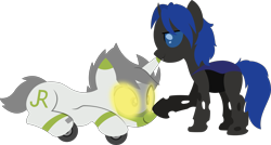 Size: 7404x3981 | Tagged: safe, artist:ponyrailartist, oc, oc:greenline, oc:swift dawn, changeling, object pony, original species, pony, train pony, unicorn, absurd resolution, blue changeling, blue eyes, boop, changeling oc, commission, duo, fangs, glowing, glowing eyes, happy, horn, lying down, male, ponified, prone, silly, simple background, smiling, train, transparent background, wingless, yellow eyes