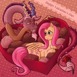 Size: 1080x1080 | Tagged: safe, artist:tashidelashi, discord, fluttershy, draconequus, pegasus, pony, g4, chocolate, female, flower, food, hearts and hooves day, holiday, male, rose, ship:discoshy, shipping, straight, valentine's day