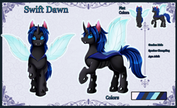 Size: 4152x2529 | Tagged: safe, artist:pridark, oc, oc only, oc:swift dawn, changeling, blue changeling, blue eyes, changeling oc, color palette, commission, fangs, high res, horn, male, multiple views, raised hoof, reference sheet, simple background, smiling, solo, standing, violet background, wings