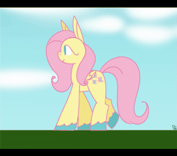 Size: 1129x1000 | Tagged: safe, artist:pagophasia, derpibooru exclusive, fluttershy, butterfly, pegasus, pony, g4, animated, black bars, blinking, cloud, colored hooves, day, female, gif, grass, impossibly long eyelashes, letterboxing, looking at something, looking forward, side view, smiling, solo, turned head, unshorn fetlocks, walk cycle, walking, wings