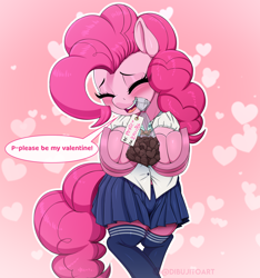 Size: 3282x3500 | Tagged: safe, artist:dibujito, pinkie pie, earth pony, pony, g4, blushing, bowtie, bronybait, chocolate, clothes, female, food, high res, holiday, looking at you, mare, school uniform, shirt, skirt, socks, talking to viewer, thigh highs, valentine's day, zettai ryouiki