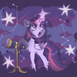 Size: 1280x1280 | Tagged: safe, artist:tasiashoe, twilight sparkle, alicorn, pony, g4, chest fluff, constellation, female, fluffy, glowing, glowing horn, horn, looking up, mare, open mouth, solo, stars, telescope, twilight sparkle (alicorn)