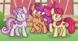 Size: 1041x549 | Tagged: safe, artist:felicitea, apple bloom, scootaloo, sweetie belle, earth pony, pegasus, pony, unicorn, g4, apple bloom's bow, bow, cutie mark crusaders, februpony, female, filly, foal, hair bow