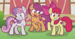 Size: 1041x549 | Tagged: safe, alternate version, artist:felicitea, apple bloom, scootaloo, sweetie belle, earth pony, pegasus, pony, unicorn, g4, apple bloom's bow, bow, cutie mark crusaders, februpony, female, filly, foal, hair bow