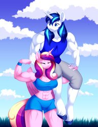 Size: 1013x1310 | Tagged: safe, artist:scarlet-spectrum, princess cadance, shining armor, anthro, unguligrade anthro, g4, abs, biceps, clothes, eyes closed, female, flexing, husband and wife, lifting, male, muscles, muscular female, muscular male, princess ca-dense, ship:shiningcadance, shipping, shorts, smiling, sports bra, sports shorts, straight, swelling armor