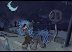 Size: 1418x1038 | Tagged: safe, artist:tasiashoe, oc, oc only, bat pony, pony, fallout equestria, road sign, solo, unshorn fetlocks