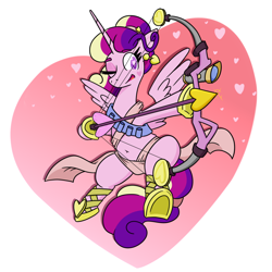 Size: 1140x1140 | Tagged: safe, artist:jargon scott, princess cadance, alicorn, pony, g4, alternate hairstyle, arrow, bedroom eyes, belly button, bow (weapon), bow and arrow, cupidance, dexterous hooves, ear piercing, earring, female, heart, heart arrow, heart background, hearts and hooves day, holiday, hoof hold, jewelry, mare, one eye closed, piercing, princess of love, simple background, solo, underhoof, valentine's day, weapon, white background