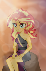 Size: 4944x7632 | Tagged: safe, artist:emeraldblast63, sunset shimmer, human, equestria girls, g4, bare shoulders, clothes, dress, female, rock, sitting, sleeveless, solo