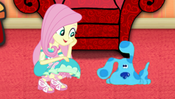 Size: 3264x1835 | Tagged: safe, artist:slimbran, edit, edited screencap, screencap, fluttershy, dog, human, equestria girls, g4, blue (blue's clues), blue's clues, crossover, fluttershy boho dress, geode of fauna, hand on cheek, looking at each other, looking at someone, magical geodes, nick jr., nickelodeon, sidetable drawer, thinking chair