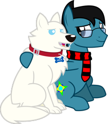Size: 1396x1592 | Tagged: safe, artist:sketchmcreations, oc, oc:sketch mythos, dog, earth pony, husky, pony, wolf, arm around neck, clothes, collar, dog collar, duo, glasses, hoof around neck, male, pet, pet tag, scarf, simple background, sitting, smiling, stallion, striped scarf, transparent background