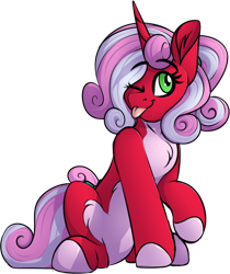 Size: 856x1019 | Tagged: safe, artist:notetaker, oc, oc only, oc:cherryheart, pony, unicorn, chest fluff, eyebrows, eyebrows visible through hair, female, one eye closed, raised hoof, raspberry, simple background, sitting, solo, tongue out, transparent background, wink