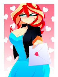 Size: 1500x2000 | Tagged: safe, artist:xan-gelx, sunset shimmer, human, equestria girls, g4, abstract background, blushing, breasts, busty sunset shimmer, cleavage, clothes, eye clipping through hair, eyebrows, eyebrows visible through hair, eyelashes, frown, holiday, letter, love letter, offscreen character, pov, simple background, sunset shimmer is not amused, tsundere, tsunset shimmer, unamused, valentine's day
